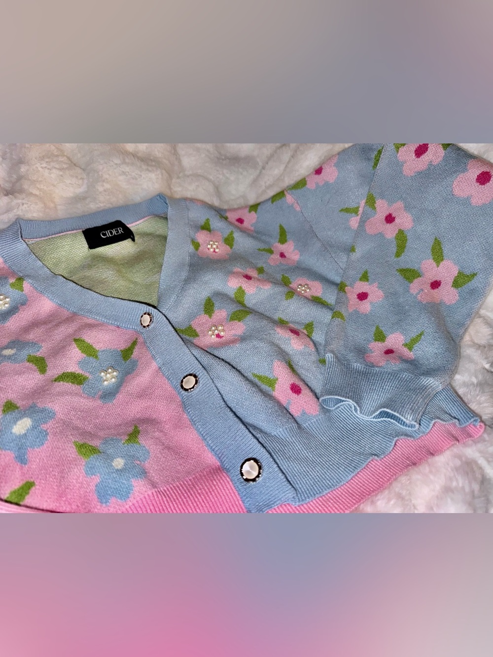 CIDER Color-Block Floral Beaded Pearl Cardigan Size XL - Picture 3 of 4